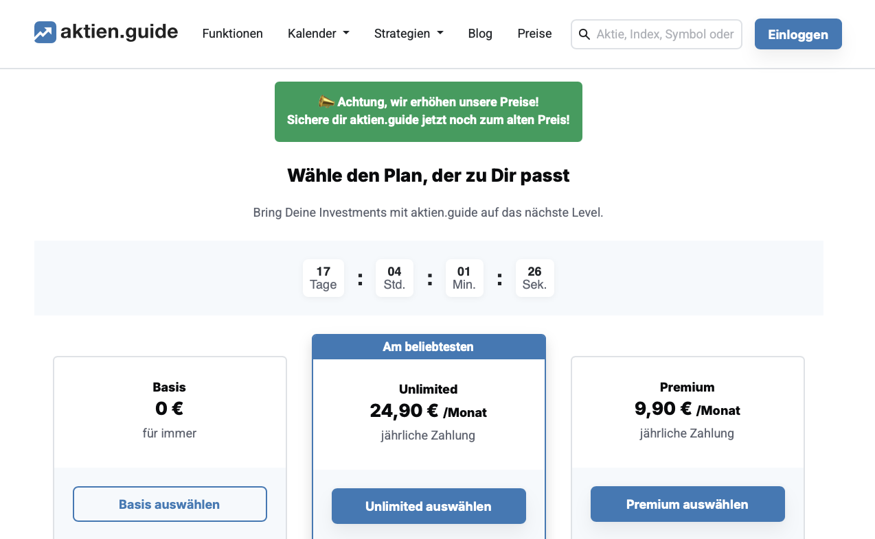 aktien.guide passt zum 01.03.26 die Preise an, sichere dir jetzt die alten Preise bis zum 28.02!